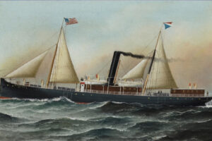 Historic steam-and-sail hybrid vessel navigating rough ocean waters with billowing sails, black smokestack exhaust, and maritime flags flying above the deck.