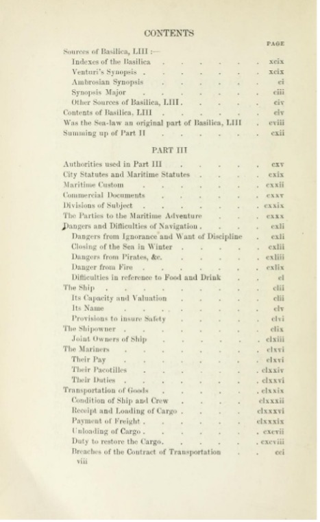 Historic table of contents page from an early maritime law or navigation text listing topics related to maritime customs, navigation dangers, ship ownership, cargo transport, and safety provisions.
