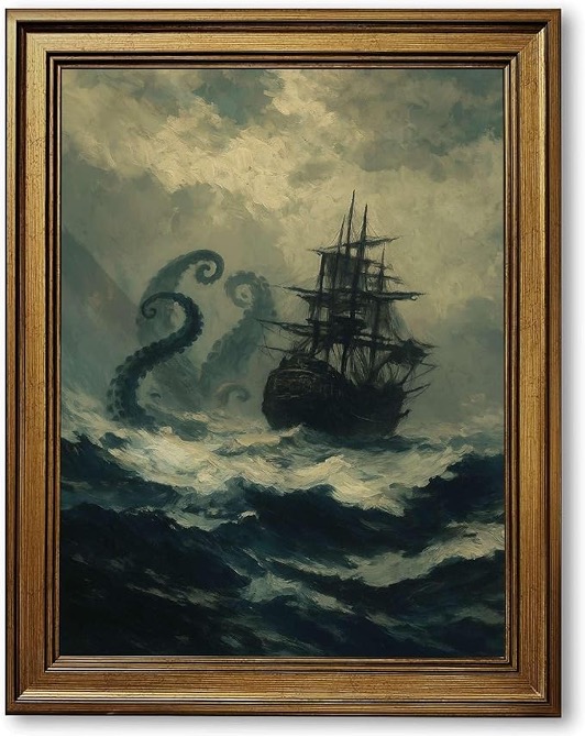 Dark maritime painting of a tall sailing ship navigating rough seas as giant sea-creature tentacles rise from the water, creating a dramatic and ominous ocean scene.