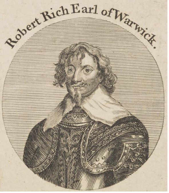 Historic engraved portrait of Robert Rich, Earl of Warwick, shown in period attire with decorative armor and collar, accompanied by his name in an antique illustration style.