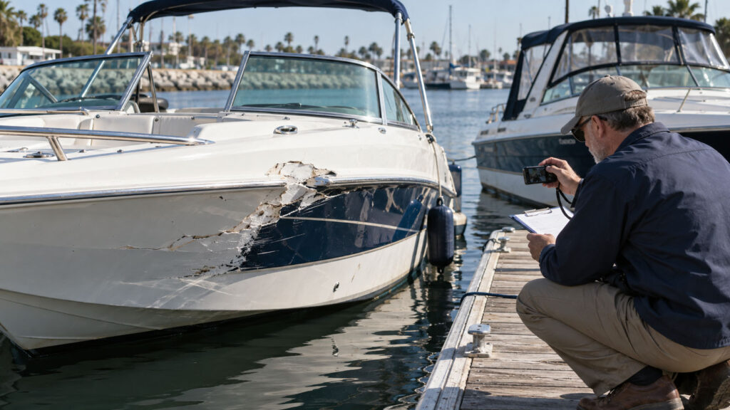 Marine accident investigator documents fiberglass damage to a recreational boat at a marina.
